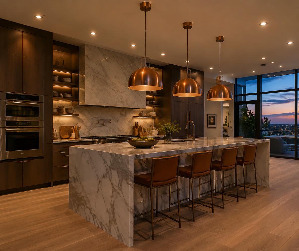 Kitchen with pendant and recessed lighting